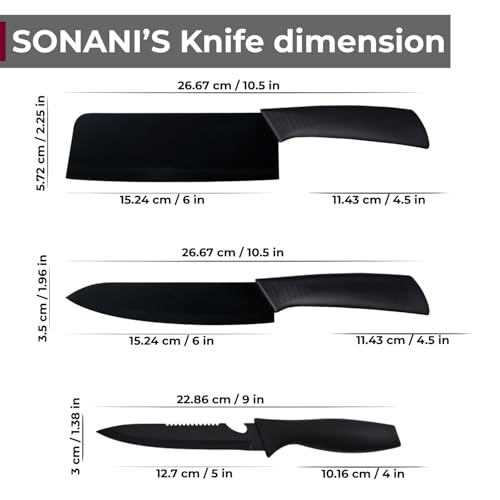 Image of Professional Piece Kitchen Knife Set - High Carbon Stainless Steel Chef, Utility & Santoku Knives with Ergonomic Blue Handles Knife (Black, Chopping Board)