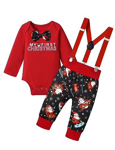 Image of KANGKANG Baby Boy Christmas Outfit My First Christmas Ever Gentleman White Rompers + Suspender Pants 2Pcs Christmas Set