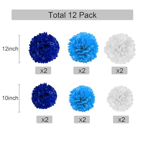 GAKA FAVOR 12er Blau und Weiß Seidenpapier Pompons Set,Tissue Hängedekoration Papier Pompoms Deko für Hochzeit,Taufe,Geburtstag,Kommunion,Graduation Party Deko