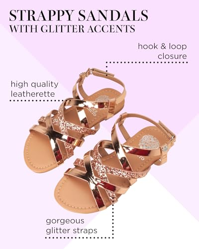 Image of Vince Camuto Girls' Sandals - Open Toe Summer Strappy Flat Dress Shoes with Glitters and Secure Hook and Look Closure