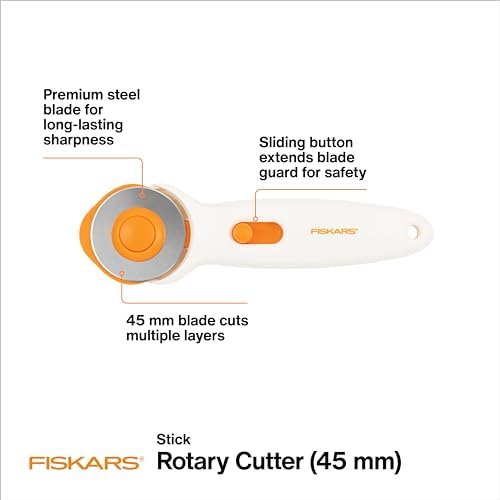 Fiskars 45mm Rotary Cutter for Fabric, Premium Steel Stick Fabric Cutter Cuts Through Multiple Layers, Right and Left Handed, Easy and Safe Blade Change, Arts and Crafts, Sewing and Quilting Tools - 2