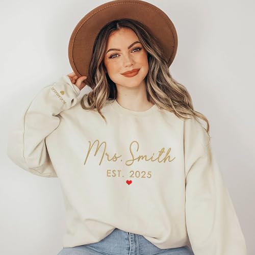 GODMERCH Custom Embroidered Mrs Sweatshirt - Personalized Future Mrs Hoodie, Bride Sweatshirts, Honeymoon Crewneck, Gift for Her Bride to Be Wedding Engagement Bachelorette Party Bridal Shower4