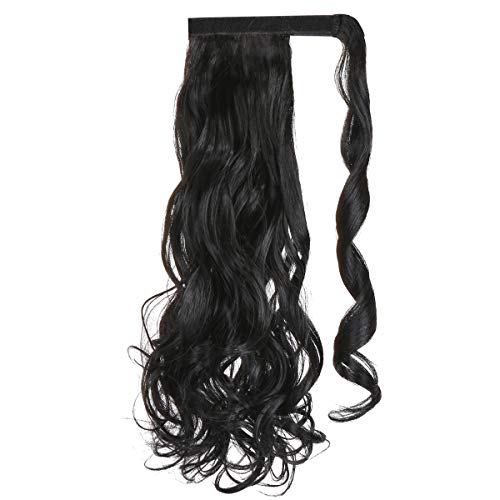 Felendy 18" 20" 22" 24" Ponytail Extension Curly Wavy Straight Drawstring Hairpiece Wrap Around Long Synthetic Hair For Women(Dark Black) #TOP1