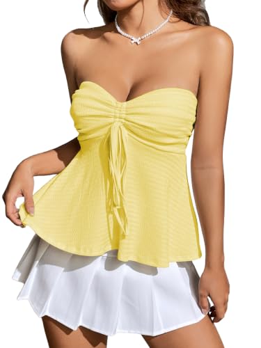 Milumia Women Tie Front Ruched Tube Top Y2k Summer Strapless Peplum Tops