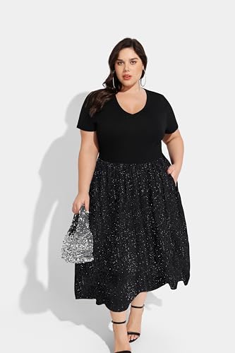 RITERA Plus Size Dresses for Curvy Women Short Sleeve Summer Dress V Neck High Waisted Womens Patchwork Casual Dress XL-5XL2