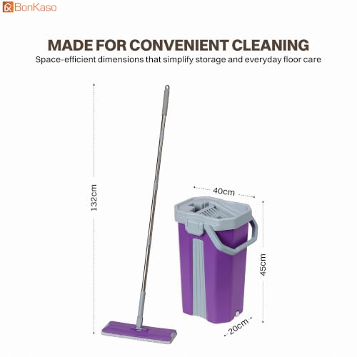 Image of BonKaso Telescopic Flat Mop & Bucket Set with Hands-Free Squeeze System, Microfiber Floor Cleaning Mop for Wet & Dry Cleaning | Includes 2 Reusable Pads for Home, Kitchen, Bathroom & Office | Purple
