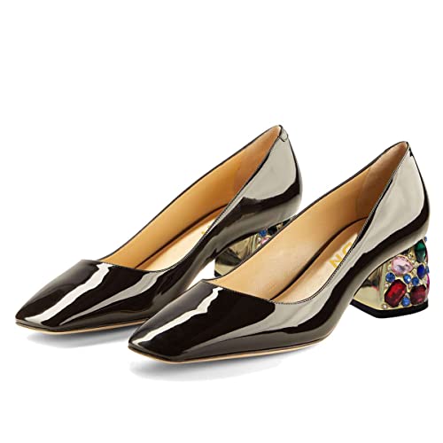 YDN Women Square Toe Slip on Pumps Rhinestone Studded Block Low Heels Dance Prom Dress Shoes Size 4-15 US4