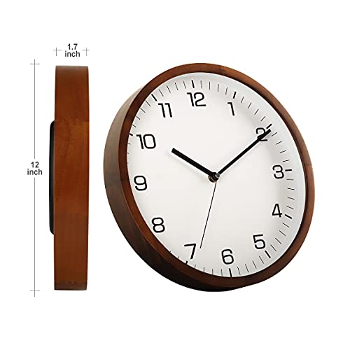 Aromustime 12 Inches Round Wooden Wall Clock Battery Operated Silent Non-Ticking,Metal Pointer&Glass Cover, For Office Kitchen Bedroom Classroom&Living Room, Brown #TOP5