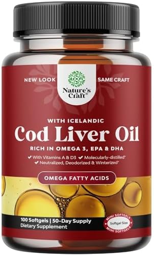 Cod Liver Oil Softgels with Wild Caught EPA,DHA,Omega 3 Fish Oil | Brain & Nervous System Health, Heart Health, Hair, Skin & Nail Health Support Supplements | 100 Softgels Cod Liver Oil Softgels with Wild Caught EPA,DHA,Omega 3 Fish Oil | Brain & Nervous System Health, Heart Health, Hair, Skin & Nail Health Support Supplements | 100 Softgels