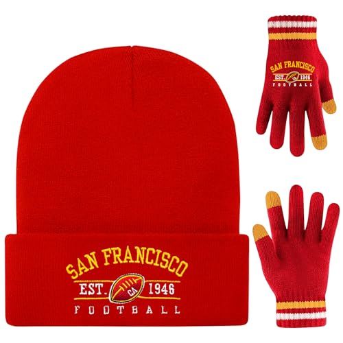 Winter Embroidered Soft Beanie Football Knit Hat With Warm Touch Screen Gloves - Game Day Gifts For Men Women And Fans