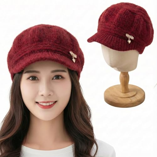 Image of Kraptick Women's Winter Knit Visor Beanie Hat with Soft Fleece Lining, Stylish Woollen Slouchy Warm Cap for Ladies, Snow Sun Shield Knit Cap for Winter -2
