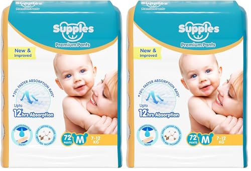 Image of Amazon Brand - Supples Premium Baby Diaper Pants | 72 Baby Diapers | Medium | 7-12 Kg | 12 Hrs Absorption | Cushiony Cotton Soft Fabric | Phthalates-Free | Triple Leak Guard (Pack of 2)