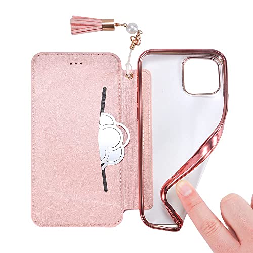 iPhone13手帳型ケース 鏡付き エレガント レディース 花柄 エンボス工芸 iPhone13手帳型カバー おしゃれ 女性 グネットなし 薄い 軽い 耐久性 可愛いケース アイフォン13 財布型 カード収納付き メッキ加工 耐衝撃 アイフォン13スマホケース 可愛い おもしろ 手帳型スマホケース iPhone13 クリア背面 多機能 手帳型レザーケース ローズゴールド