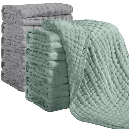 Image of Looxii Muslin Burp Cloths 100% Cotton Muslin Cloths 12 Pack Large 20''x10'' Extra Soft and Absorbent Baby Burping Cloth for Boys and Girls (Grey+DarkGreen)