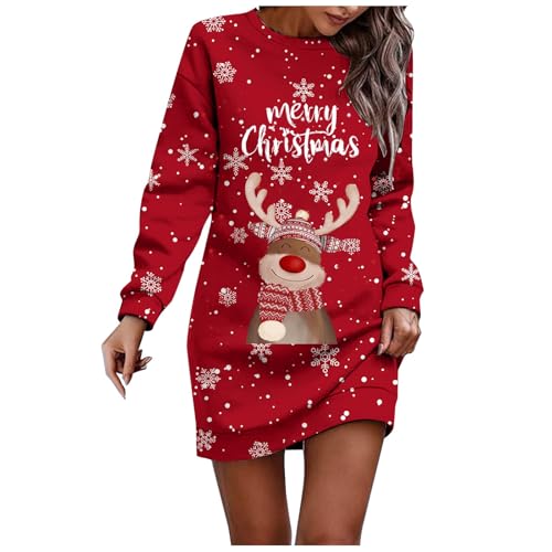 Generisch Weihnachtskleid Damen Lang Weihnachten Kleider Langarm Weihnachtskleider Autumn Winter Rundhals Weihnachtskostüm Blusenkleid Elegant...