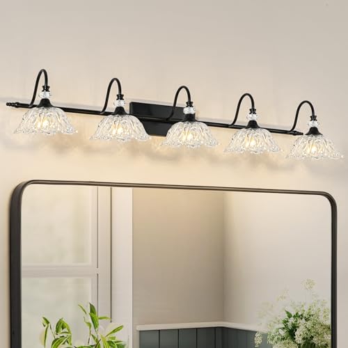 Image of Black Bathroom Vanity Light, 5-Light Vanity Light with Crystal Glass Shades, Vintage Farmhouse Vanity Lighting for Bathroom and Dressing Table