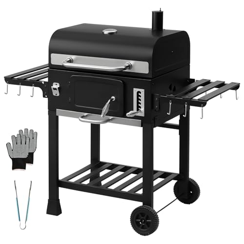 TEENO Barbecue Carbonella,portatile Carrello da Cottura Al Carbone di Legno XXL, Barbecue con Coperchio, Termometro, Guanti Anti-Calore, Camino e Apribottiglie Integrato