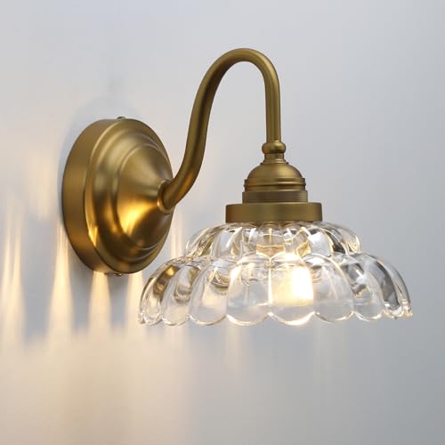 Image of Phansthy Antique Brass Wall Sconce Hardwired, Gooseneck 1-Light Single Vanity Wall Light with Umbrella-Shaped Clear Glass Shade, Wall Lamp for Bedroom Bedside Kitchen Hallway (Antique Gold)