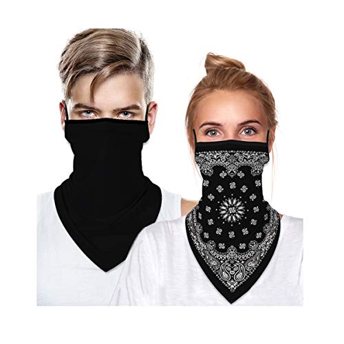 ATIMIGO 2 Pack Face Bandana Ear Loop Stylish Men Women Neck Gaiters for Dust Wind Motorcycle Mask Outdoors Sports Black