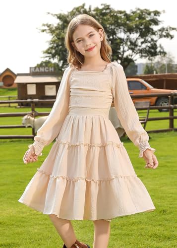 HOZIY Girls Long Sleeve Dress Ruched Smocked Tiered Ruffle A-Line Casual Boho Teen Dresses with Pocket Size 6-16 Years