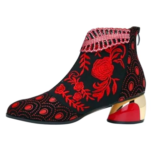 Botas occidentales para mujer, botines cortos para mujer, de piel, con tacón de bloque, medias botas para traje regional, botas de equitación, vaquero, otoño, botas bajas, botas cortas, rojo, 40 EU