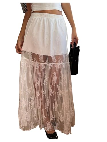 Floerns Women's Summer Maxi Skirt Elastic Waist Floral Lace Beach Flare Hem Y2k Long Skirt