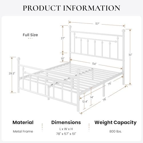 Image of SHA CERLIN 14 inch Full Size Metal Platform Bed Frame /Victorian Headboard and Footboard /Steel Slats Mattress Foundation for Storage /No Box Spring Needed /Noise Free /White