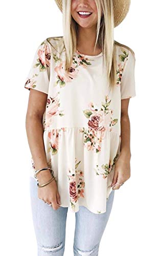 Hibluco Women's Short Sleeve Round Neck Floral Print Swing Tunic Top Blouse White