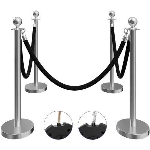 Image of 4 Pack Silver Stanchions and Velvet Ropes Set, Stainless Steel Crowd Control Barriers, 3Pcs Black Ropes and Poles for Party Supplies,Photobooth Accessories,Prom,Birthday,Business,Wedding, Museums