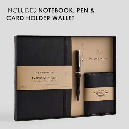 Image of myPAPERCLIP Executive Series A5 Diary & Pen Gift Set | Includes Classic Ball Pen, Italian Leather Card Holder & Softcover Notebook | 192 Pages, 80 GSM | Ideal Corporate, Office & Personal Gift | Black