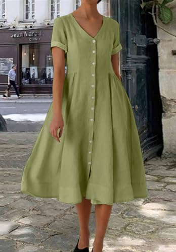 Image of chouyatou Women's Summer Fit and Flare Swing Cotton Dress Casual V-Neck Button Down Beach Midi Dress