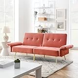 WinJoy Convertible Futon Sofa Bed with Folded Backrest, Multi-Functional Velvet Sleeper Sofa Couches with Storage Adjustable Armrests for Living Room, Apartment, Small Space, Pink Fabric (Pink)