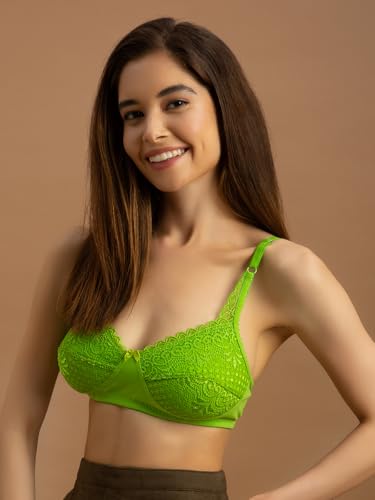 Image of Clovia Women Non-Padded Lace Full Coverage Bra- Wirefree, Neon
