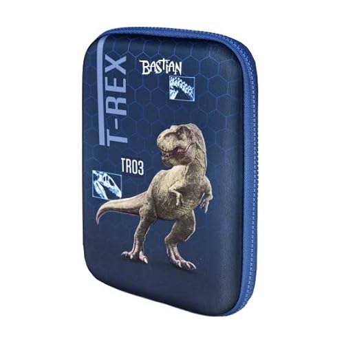 minimutz Federmappe Junge mit Namen | Motiv Dinosaurier T-Rex | Gefülltes & personalisiertes 3D Federmäppchen Schüleretui groß in blau