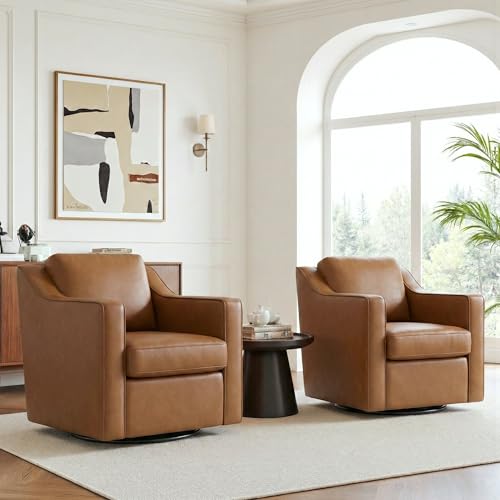 Qatiby Swivel Accent Chairs Set of 2 360 Swivel Upholstered Faux Leather Club Armchairs for Living Room Comfy Single Sofa Reading Chair with Deep Seat Metal Swivel Base Brown