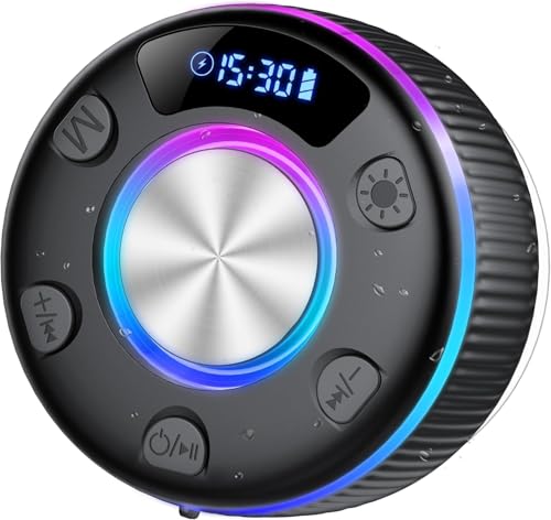 Enceinte Bluetooth Douche, 2025 Enceinte Bluetooth 5.3 avec Ventouse pour La Salle De Bain, 3D Stéréo, Lumière LED, Étanche IP7 Haut-Parleur de Douche avec Mic/Appel pour Soirées Plage, Voyage, Douche