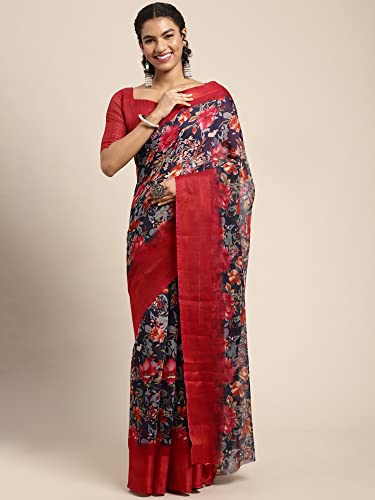 Image of AKHILAM Women's Printed Linen Zari Saree With Unstitched Blouse Piece (FF0BGBLT80001 Parent)