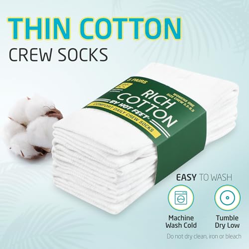 HOT FEET Thin Crew Summer Socks for Women - 5 Pack, Breathable Moisture Wicking, Lightweight Ribbed Cotton Socks Size 5.5-9.53