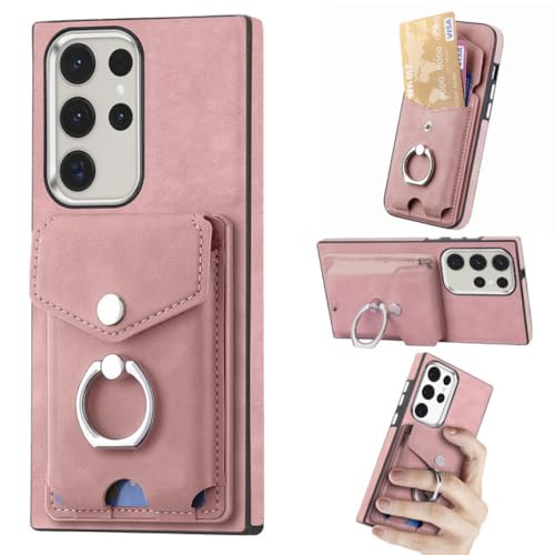 Coque portefeuille en cuir premium rose pour Galaxy S23 Plus avec support anneau