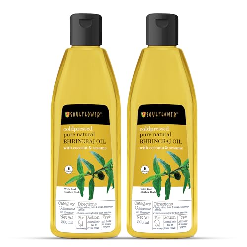 Image of Soulflower Cold-Pressed Bhringraj Oil | Natural Hair Growth, Strengthening & Nourishing Roots | Anti-Dandruff, Cooling Scalp Relief | Coconut & Sesame Oil Blend | Pure & Organic 225ml x 2