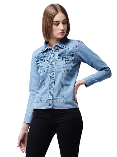 Image of Miss Chase Women's Polo Neck Full Sleeves Patch Pocket Denim Overcoat Knee-Length Jacket