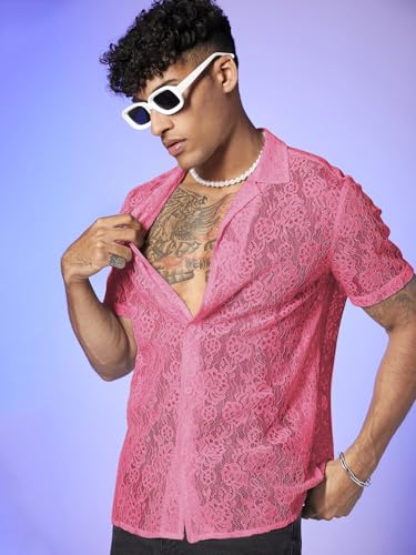 WDIRARA Men's Floral Lace See Through Button Front Short Sleeve Shirt Summer Tee Top Hot Pink XX-Large2