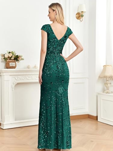 Image of Womens Sequined Long Evening Gown Glamous Sleeveless V-Neck Mermaid Prom Dress for Wedding Party Club Occasions
