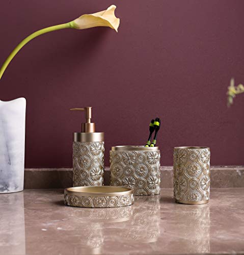 Hymmah Bathroom Accessories Set,Golden Design Toothbrush Holder,Farmhouse Bathroom Decor,4 Pcs Resin Gift Set Apartment Necessities, Contain Toothbrush Cup,Soap Dispenser,Soap Dish,Tumbler