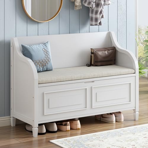 Bellemave Storage Bench with Safety Hinge Wooden Entryway Benches with Shoe Cabinets Under Seat Multifunctional Storage Bench for Entryway, Foyer or a Mudroom (White + Beige)