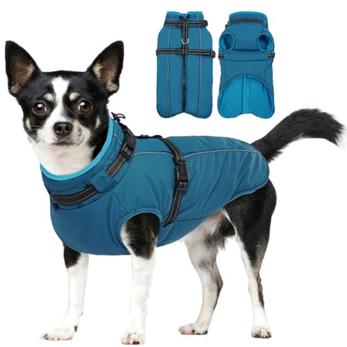Lelepet Small Dog Coat With Harness - Warm Waterproof Fleece Jacket, Winter Reflective Vest Snow Suit for Yorkshire Papillon - Blue S