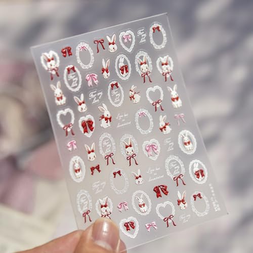 Image of Cute Rabbit Nail Stickers Heart Nail Art Stickers Lace Frame Heart Design 5D Embossed Self Adhesive Nails Decals with Love Lettering for Women Manicure Decoration (1 Sheet)