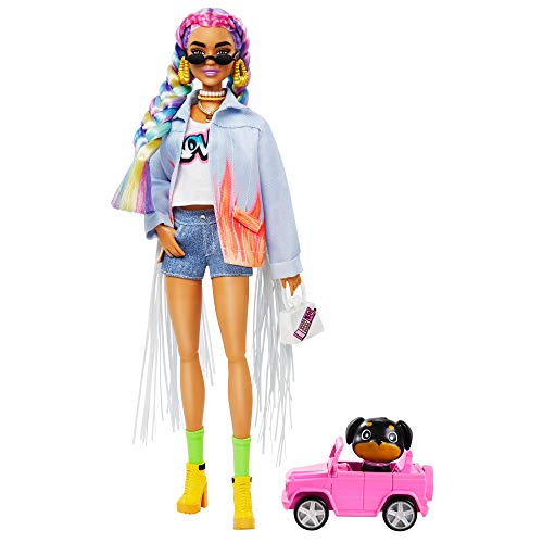 Barbie GRN29 - Extra Puppe mit geflochtenem Regenbogen-Zopf, langer Jeans-Jacke, Hündchen, Regenbogenzöpfen… – Bild 4
