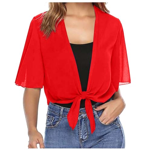 MODSGUE Boléro en mousseline de soie pour femme - Cardigan court et léger - Confortable - Transparent, rouge, L