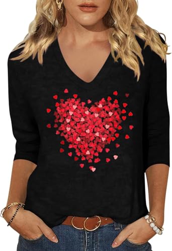 Image of Woffccrd Womens 3 /4 Sleeve V Neck T-Shirts Valentina's Day Spring Shirts Love Heart Printed Graphic Tees
